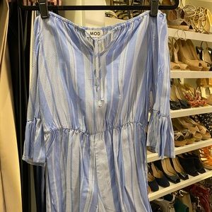Blue & White Striped Off the Shoulder Romper